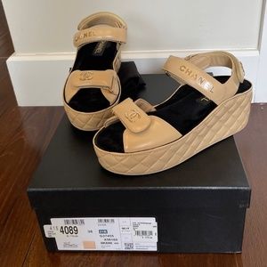 CHANEL Lambskin Beige with Gold Platforms- size 38